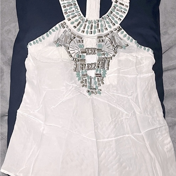 BEBE 100% Silk Ivory Cleo White Tunic Size XXS Embellishments Turquoise gems - Picture 6 of 9